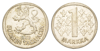 Финляндия 1 марка 1968 KM 49 серебро aUNC 4650-243