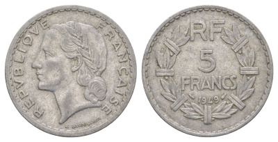 Франция 5 франков 1949 KM 888b.1, Le Franc 339 алюминий 4185-314