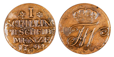 Восточная Пруссия (Польша) 1 шиллинг 1794 E, в лаке KM 50 медь 3459-233
