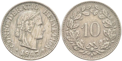 ШВЕЙЦАРИЯ 10 РАППЕНОВ 1947 В KM 27 медно-никель 206-268