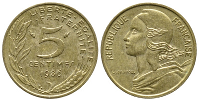 Франция 5 сантимов 1986 тип Марианна KM 933 медь алюминий никель 4679-963