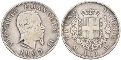 Италия 1 лира 1863 M-BN, Виктор Эммануил II KM 5a.1 серебро 4556-1113