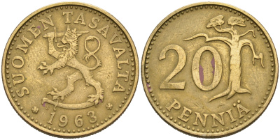 ФИНЛЯНДИЯ 20 ПЕННИ 1963 S KM 47 алюминиевая бронза 4566-436