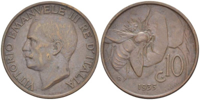 ИТАЛИЯ 10 ЧЕНТЕЗИМО 1935 R, МОНДВОР РИМ, ВИКТОР ЭММАНУИЛ III (1900-1946) KM 60 медь 4525-324