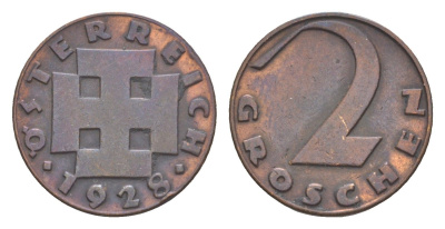 Австрия 2 гроша 1928 KM 2837 бронза 4564-253