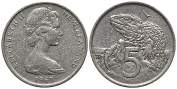 Новая Зеландия 5 центов 1967 Елизавета II (1952-2022), ящерица гаттерия KM 34.1 медно-никель 54-1267