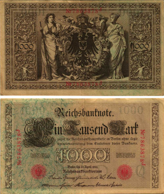 ГЕРМАНИЯ 1000 МАРОК 1910 21 АПРЕЛЯ 1910, СЕМИЗНАЧНЫЙ НОМЕР, СЕРИЯ J Pick 44b бумага 8610-18-1