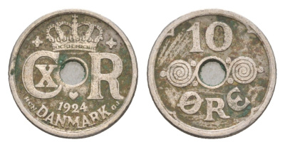 Дания 10 эре 1924 HCN, Кристиан X (1912-1947) KM 822 медно-никель 4658-266