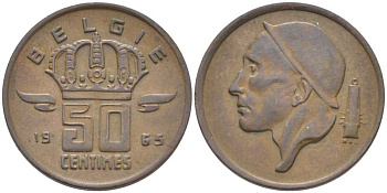БЕЛЬГИЯ 50 САНТИМОВ 1965 BELGIE, БОДУЭН I (1951-1993) KM 149.1 бронза 116-1028