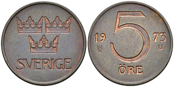 Швеция 5 эре 1973 Густав VI Адольф (1950-1973) KM 845 бронза 4585-327