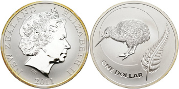 Новая Зеландия 1 доллар 2011 птица киви, Елизавета II (1952-2022) KM 335 серебро PROOF 11-170-41