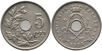 БЕЛЬГИЯ 5 САНТИМОВ 1924 BELGIE KM 67 медно-никель 76-128