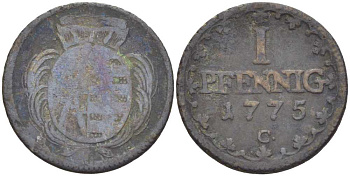 САКСОНИЯ 1 ПФЕННИГ 1775 С, ФРИДРИХ АВГУСТ III (1763-1806) KM 1000 (С91) медь 206-349
