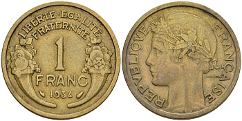 Франция 1 франк 1934 KM 885, Le Franc 219.2 алюминиевая бронза 4142-824