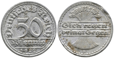 ГЕРМАНИЯ 50 ПФЕННИГОВ 1922 D KM 27, J. 301 алюминий 24-1056