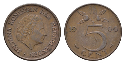 Нидерланды 5 центов 1966 Юлиана (1948-1980) KM 181 бронза 4685-125
