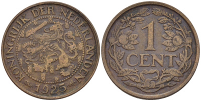 НИДЕРЛАНДЫ 1 ЦЕНТ 1925 ВИЛЬГЕЛЬМИНА (1890-1948) KM 152 бронза 100-847
