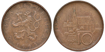 Чехия 10 крон 1993 кафедральный собор, город Брно KM 4 сталь плакированная медью 51-2514