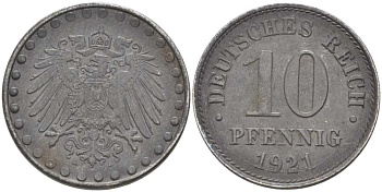 ГЕРМАНИЯ 10 ПФЕННИГОВ 1921 А, (1916-1922) KM 26, J. 298, Weege 8 железо 210-245
