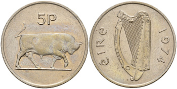 Ирландия 5 пенсов 1974 бык KM 22 медно-никель 4141-255