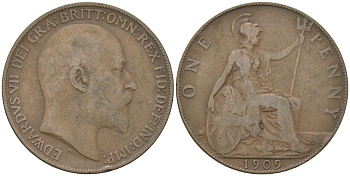 Великобритания 1 пенни 1909 Эдуард VII (1901-1910) KM 794.2, Spink 3990 бронза    4590-1213