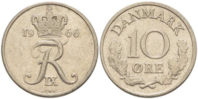 Дания 10 эре 1966 С; S, Фредерик IX (1947-1972) KM 849.1 медно-никель 4387-956