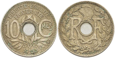 ФРАНЦИЯ 10 САНТИМОВ 1935 ТИП ЛИНДАЙЁ KM 866а, LE FRANC 138.22 медно-никель 175-321