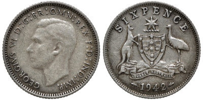 Австралия 6 пенсов 1942 Георг VI (1937-1952), герб Австралии KM 38 серебро 192-851