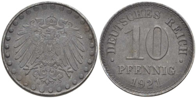 ГЕРМАНИЯ 10 ПФЕННИГОВ 1921 А, (1916-1922) KM 26, J. 298, Weege 8 железо 210-245