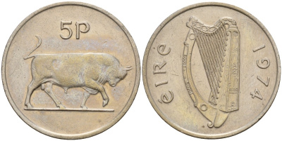 Ирландия 5 пенсов 1974 бык KM 22 медно-никель 4141-255
