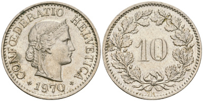 Швейцария 10 раппенов 1970 KM 27 медно-никель 4364-1333