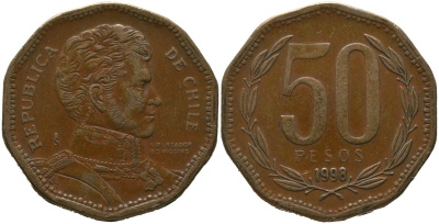 Чили 50 песо 1998 So KM 219.2, Schon 70 алюминиевая бронза 4544-317
