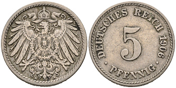 ГЕРМАНИЯ 5 ПФЕННИГОВ 1906 A, KM 11, J. 12 медно-никель 75-938