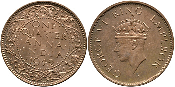Британская Индия 1/4 анна 1942 Георг VI (1937-1952) KM 531 бронза aUNC 93-1037