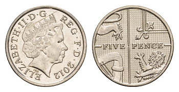 Великобритания 5 пенсов 2012 Елизавета II (1952-2022) KM 1109d, Spink 4671 (D7) сталь плакированная никелем 4178-138