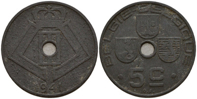 Бельгия 5 сантимов 1941 Belgie - Belgique, Леопольд III (1934-1947), германская оккупация, Вторая мировая война KM 124 цинк 4160-1125