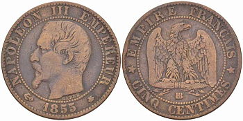 Франция 5 сантимов 1855 BB, Наполеон III (1852-1870) KM 777.3, LE FRANC 116.21 бронза 108-326