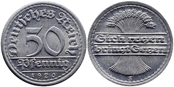 ГЕРМАНИЯ 50 ПФЕННИГОВ 1920 E KM 27, J. 301 алюминий 4390-846