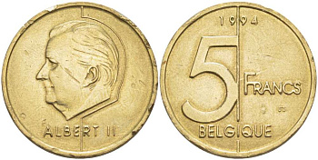 БЕЛЬГИЯ 5 ФРАНКОВ 1994 BELGIQUE, АЛЬБЕРТ II (1993-) KM 189 алюминиевая бронза 4379-1426