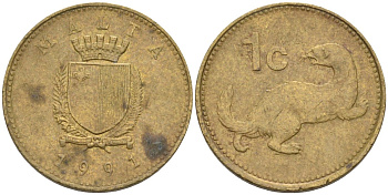 Мальта 1 цент 1991 ласка, горностай KM 93 никель латунь 4585-1156