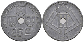 БЕЛЬГИЯ 25 САНТИМОВ 1943 BELGIE-BELGIQUE, ГЕРМАНСКАЯ ОККУПАЦИЯ, ВТОРАЯ МИРОВАЯ ВОЙНА KM 132 цинк 4364-3751