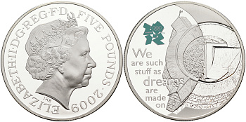 Великобритания 5 фунтов 2009 Елизавета II (1952-2022), XXX летние Олимпийские Игры. Празднование в Британии - Мировой театр KM 1143, Spink LO42 серебро PROOF 02-108-22