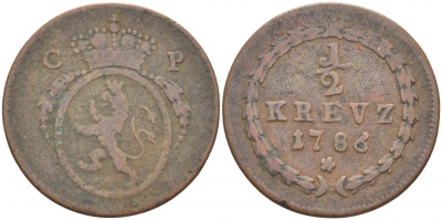ПФАЛЬЦ-ЗЮЛЬЦБАХ 1/2 КРЕЙЦЕРА 1786 KM 143 (C3), Slg. Noss 456, Haas 358 медь 175-1223