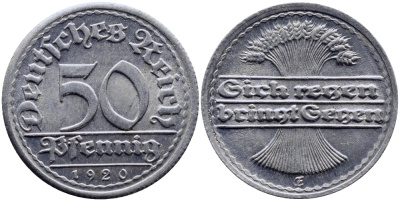 ГЕРМАНИЯ 50 ПФЕННИГОВ 1920 E KM 27, J. 301 алюминий 4390-846