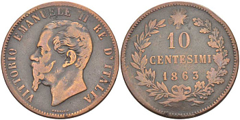 ИТАЛИЯ 10 ЧЕНТЕЗИМО 1863 ВИКТОР ИМАНУИЛ II (1861-1878) KM 11.2 медь 111-1033