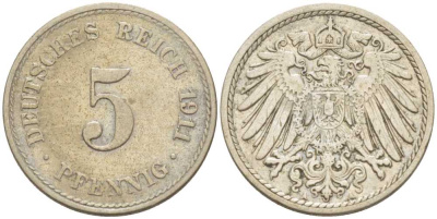 Германия 5 пфеннигов 1911 A KM 11, J. 12, Weege 66 медно-никель 206-969