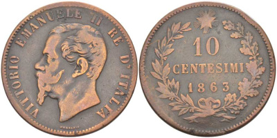 ИТАЛИЯ 10 ЧЕНТЕЗИМО 1863 ВИКТОР ИМАНУИЛ II (1861-1878) KM 11.2 медь 111-1033