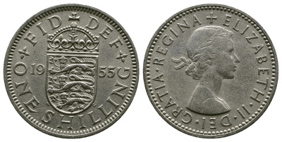 Великобритания 1 шиллинг 1955 Елизавета II (1952-2022), Английский герб KM 904, Spink 4147 медно-никель 4384-311
