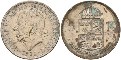 Швеция 5 крон 1972 U, Густав VI Адольф (1950-1973) KM 846 медно-никель плакированная никелем 4144-622