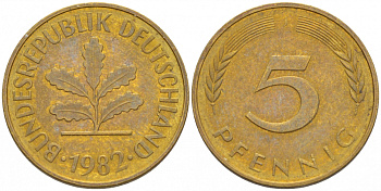 ФРГ 5 ПФЕННИГОВ 1982 J KM 107, J. 382 сталь плакированная латунью 4396-1646